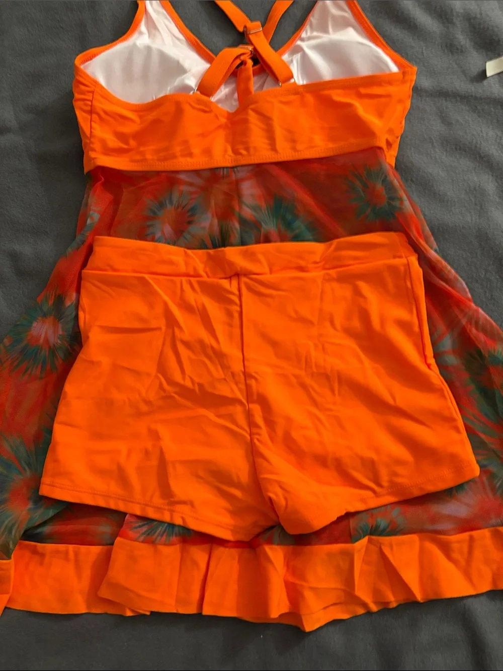 Orange Floral Mesh Tankini Swim Dress with Boyshorts Size Small